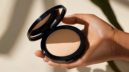 Close-up of hand lifting cushion foundation compact, open to reveal creamy foundation, emphasizing skincare and beauty lifestyle concept