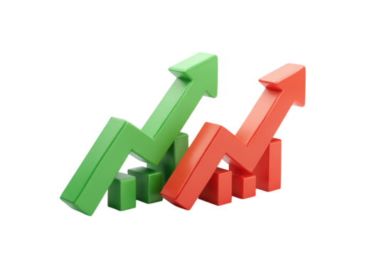 3D rendering of green and red arrows rising, representing growth & decline