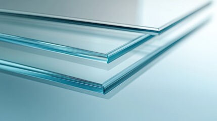 Close-up of multiple glass panels showing different thicknesses and edges, isolated on plain background for industrial or architectural concepts