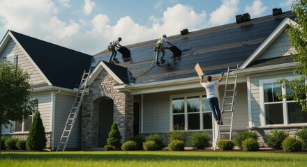 Wide angle of a crew installing integrated solar shingles on a suburban home demonstrating sustainable architecture and design.