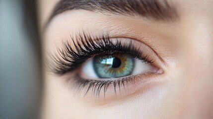 Obraz premium Close-up of natural-looking eyelash extensions on eye, showcasing fine detail, volume, and modern beauty styling
