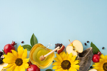 Rosh Hashanah symbols including honey, sunflowers, apples, pomegranates, and horn on a bright...
