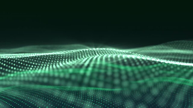 A digital landscape unfolds, with interconnected dots forming a green and teal wave pattern, ideal for data visualizations.