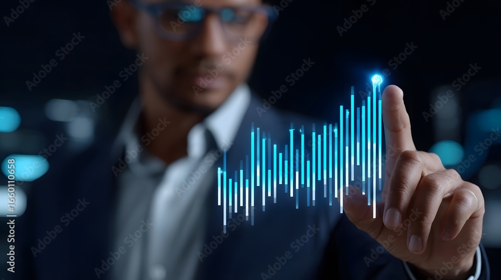 Poster businessman interacting with digital data analytics display