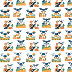 This illustration shows a seamless pattern of smart farming with drones, where farmers use tablets to control drones for crop monitoring, spraying, surveying, and food delivery across agricultural fie