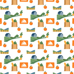 This seamless farm-to-table pattern illustration features barns, fields, grocery bags, apples, and food icons in a playful and colorful style.