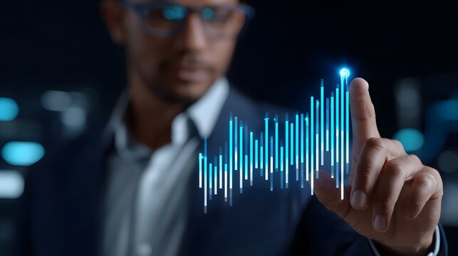 Businessman interacting with digital data analytics display