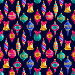 Christmas toys on dark background. Seamless pattern.Texture for fabric, wrapping, wallpaper