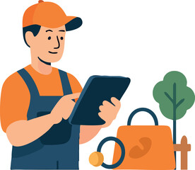 This illustration shows a delivery worker in an orange cap and uniform, using a tablet to check orders, with a shopping bag, coin, and tree beside him.