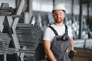 Factory worker measures the metal profile