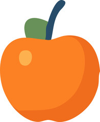 The image shows a flat illustration of an orange persimmon fruit with a green leaf and a dark stem