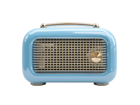 Retro blue radio with golden dial and grid design