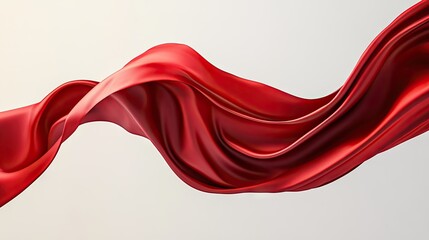 Elegant red satin draped and floating in air, isolated on light background, emphasizing curves, folds, and glossy surface