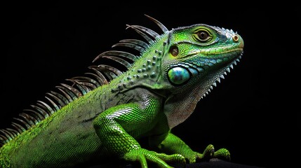 Fototapeta premium Exotic green iguana isolated on black background, dramatic lighting highlighting skin texture and spiny ridge along back