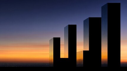 Fototapeta premium Tall modern skyscrapers silhouetted against a gradient evening sky, transitioning from soft orange to deep blue,