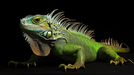 Obraz premium Exotic green iguana isolated on black background, dramatic lighting highlighting skin texture and spiny ridge along back
