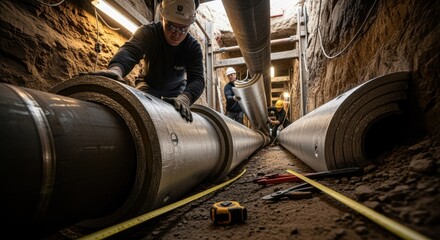 Underground camera perspective capturing installation of multilayer insulation panels inside narrow trenches housing district heating conduits.