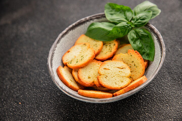 Crisps croutons with greens croutons delicious snack fresh delicious gourmet food background on the table  rustic food top view copy space