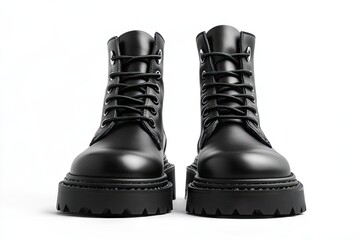 Black leather lace-up boots on white background