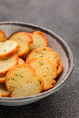 Crisps croutons with greens croutons delicious snack fresh delicious gourmet food background on the table  rustic food top view copy space
