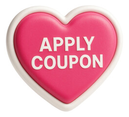Pink heart-shaped sticker with APPLY COUPON text in bold, attractive discount offer for retail promotion on transparent background.
