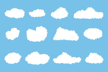 Cloud set in flat style. Simple cloud shapes. Collection of white clouds. Fluffy white clouds, fluffy and cartoon cumulus clouds on blue sky. Sky objects clouds for the game. Vector illustration.