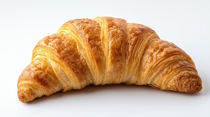 Fresh golden-brown croissant isolated on clean white background, showcasing flaky layers and crisp texture, perfect for bakery or food concept