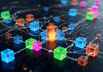 Fototapeta premium Abstract Network Visualization. Interconnected Colorful Cubes Representing Global Communication