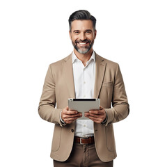 Man in blazer holding tablet isolated on transparent background