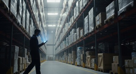 Warehouse Worker Using Digital Tablet in Large Industrial Storage Facility