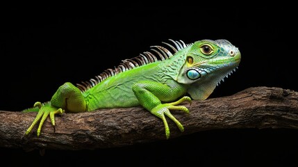 Obraz premium Green iguana sitting calmly on branch, isolated on black background, emphasizing reptile features and exotic wildlife detail