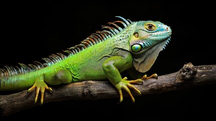 Fototapeta premium Green iguana sitting calmly on branch, isolated on black background, emphasizing reptile features and exotic wildlife detail