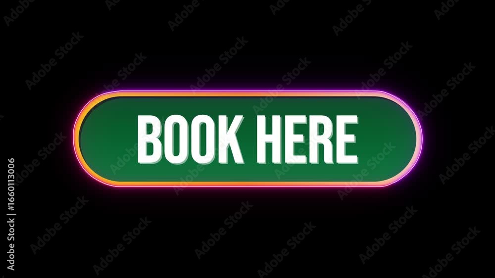 Poster book here, button click animation with computer mouse cursor and luxury neon glow colorful border on