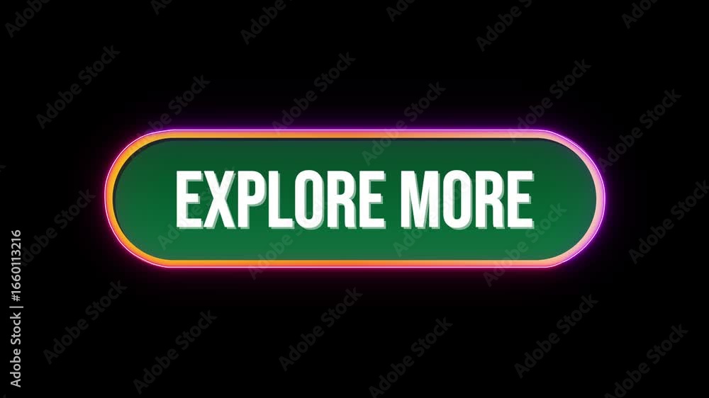 Poster explore more, button click animation with computer mouse cursor and luxury neon glow colorful border