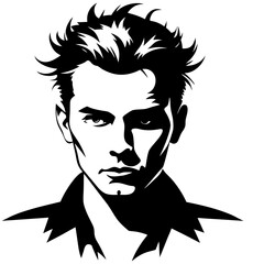 Black and white stencil portrait of young rebellious man with tousled spiky hair piercing eyes intense expression classic style