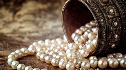 Elegant vintage container spilling exquisite pearls and beads onto rustic wooden surface in captivating close-up shot