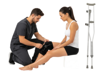 Physical therapist fitting knee brace on woman with crutches isolated PNG with Transparent Background