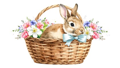 Watercolor Easter Bunny in Wicker Basket with Flowers and Blue Bow
