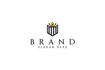 Greek pillar column logo with golden crown and shield frame in flat concept vector design style