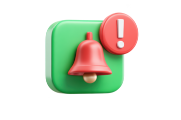 3D render of a red bell icon, green background, and exclamation mark