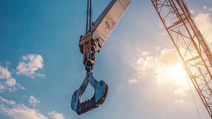 Low angle shot of massive crane arm with sturdy hook, framed by sunny sky, symbolizing construction industry, strength, and engineering achievement