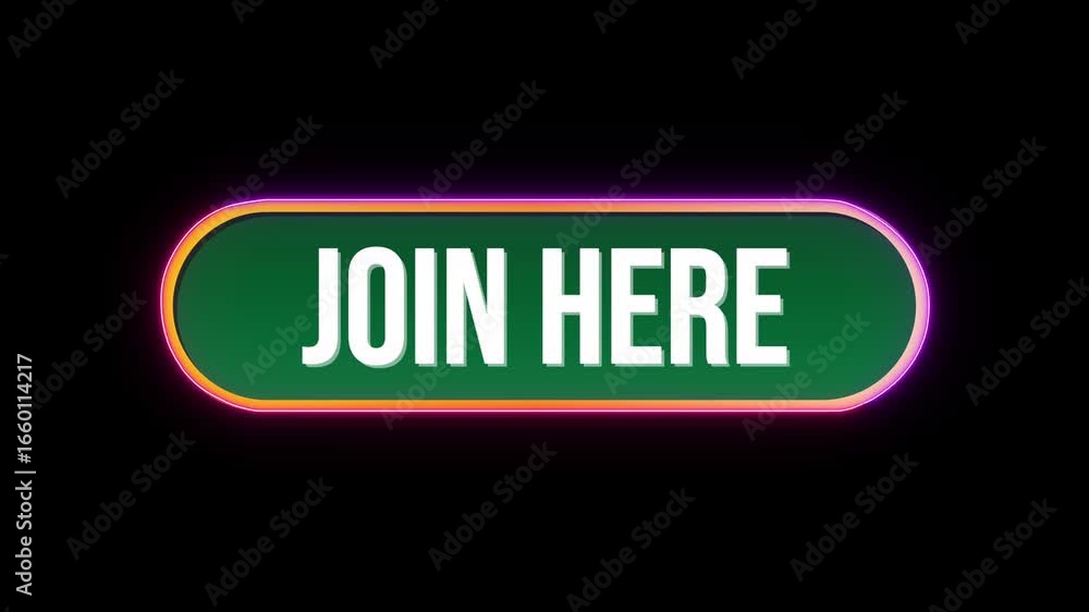 Poster join here, button click animation with computer mouse cursor and luxury neon glow colorful border on