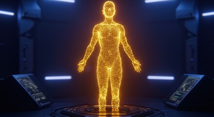 A glowing, golden human hologram displayed in a futuristic, technological environment.