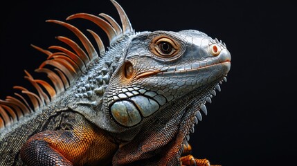 Fototapeta premium Macro shot of iguana's head and front legs against black background, highlighting intricate skin patterns and natural coloration