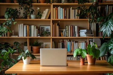 A cozy home office with a wooden desk, laptop, and numerous potted plants in front of a large bookshelf filled with books.