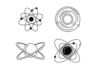 Set of Black Line Atom Icons. Outline Vector Atomic Structure Symbols Collection Isolated on White