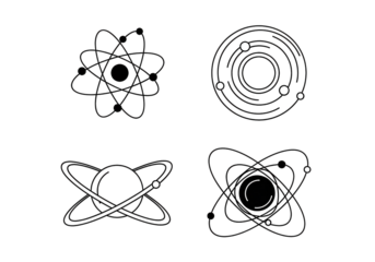 Set of Black Line Atom Icons. Outline Vector Atomic Structure Symbols Collection Isolated on White