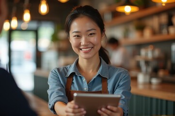 smiling young asian woman in cafe holding digital tablet, conveying professionalism and hospitality. cozy workplace of coffee shop, customer service, marketing poster
