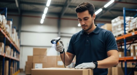 Young Male Warehouse Worker Inspecting Cardboard Box with Flashlight in Industrial Storage Facility