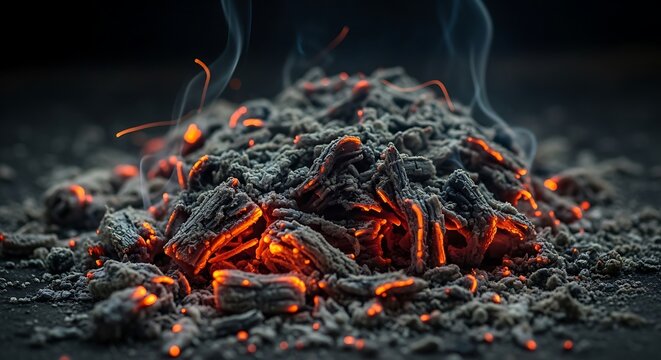 Close-up of smoldering embers with rising smoke creating an abstract pattern